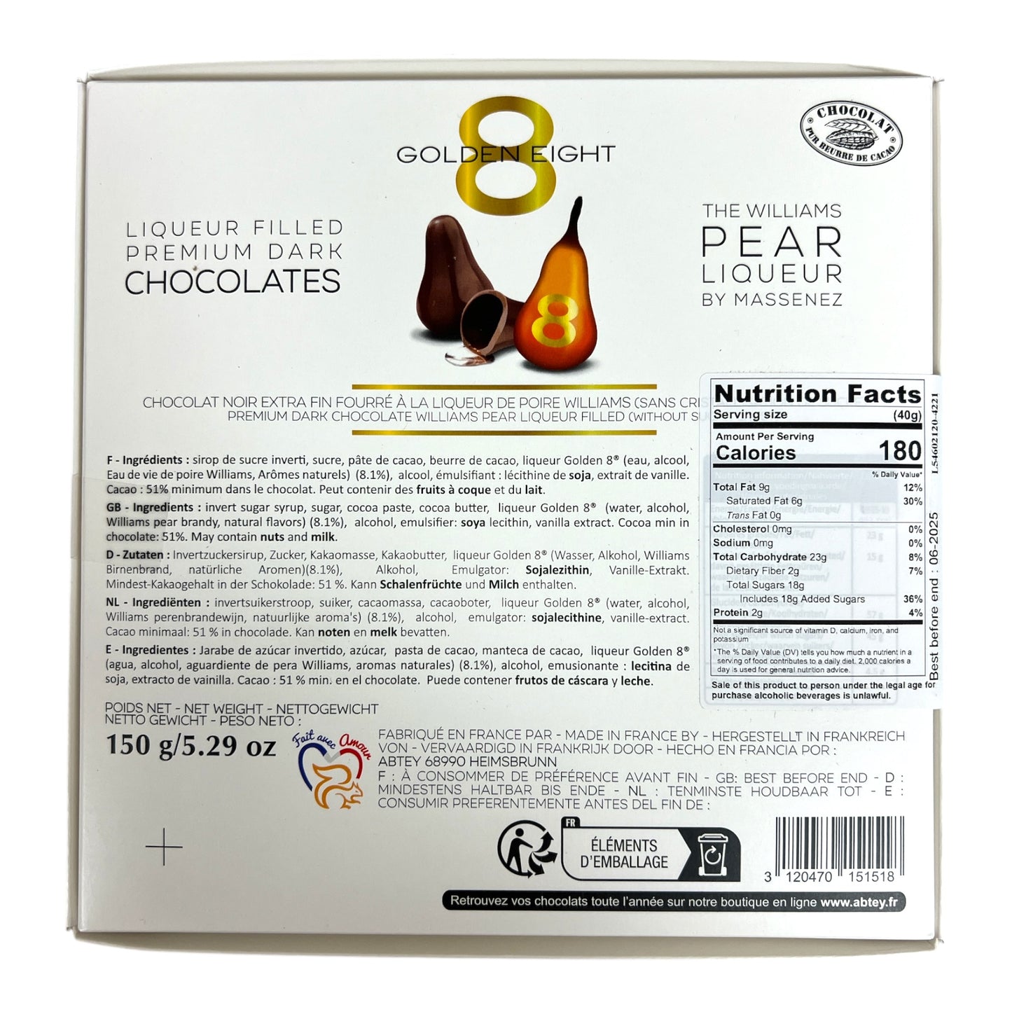 Abtey Poire Williams Filled with Golden Eight Massenez Liqueur Dark Chocolate Pears, 5.29 oz Box