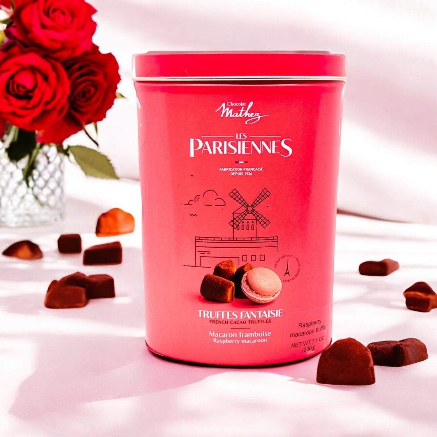 Mathez Raspberry Macaroon Chocolate Truffles, Les Parisiennes Tin, 7.0 oz