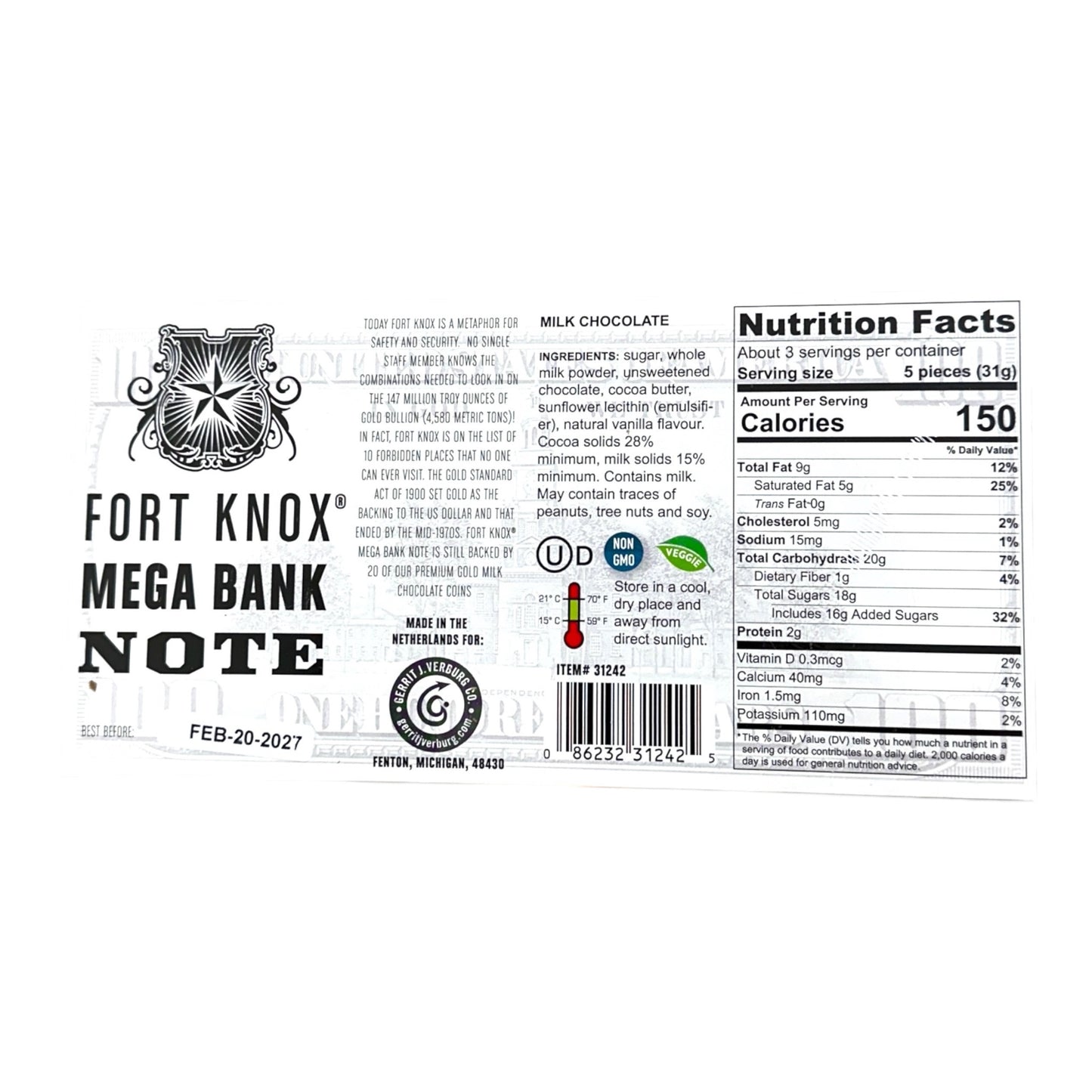 Fort Knox Mega Banknotes w/ Milk Chocolate Coins 3.53oz