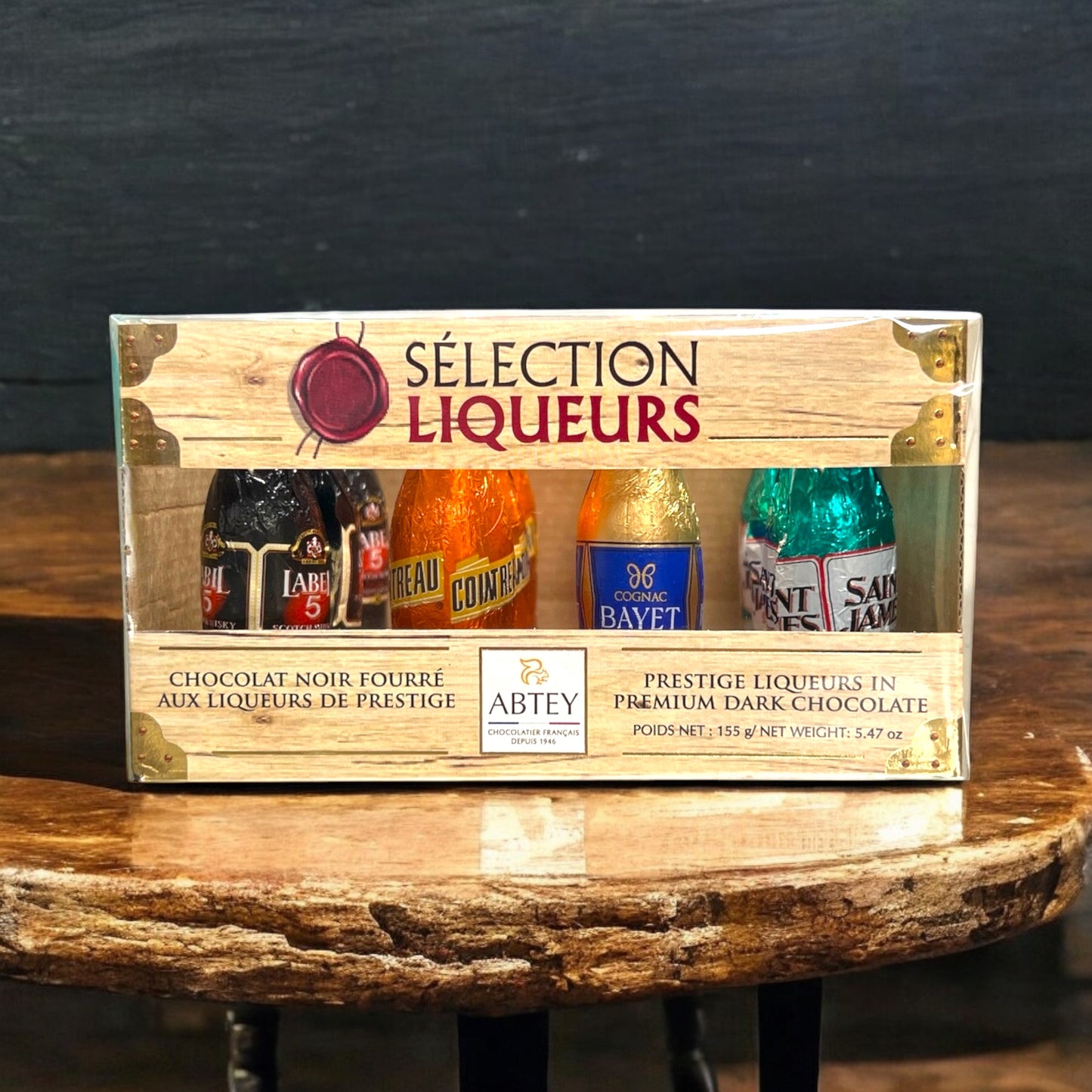 Abtey Selection Liqueurs Chocolate Bottles in Wood looking Crate