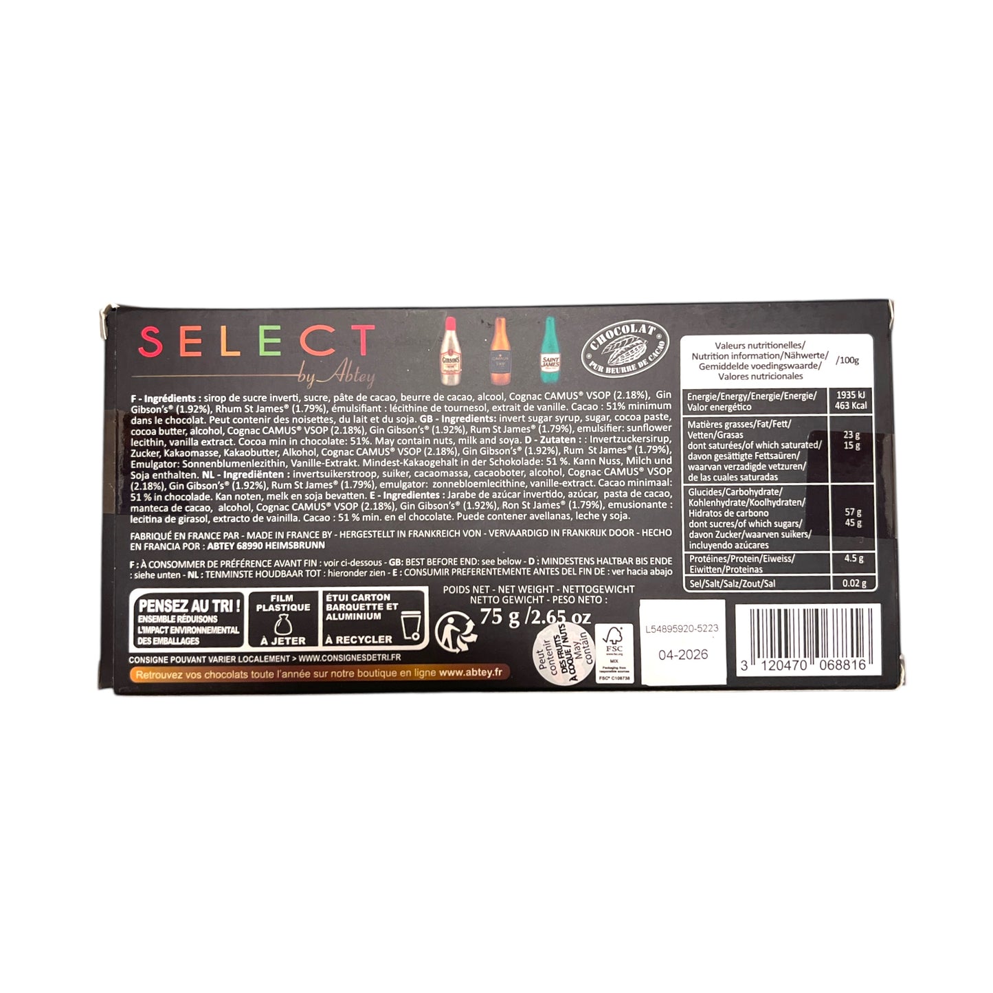 Abtey Dark Chocolates with 6 Mini Bottles Filled with Premium Liqueurs 2.65oz