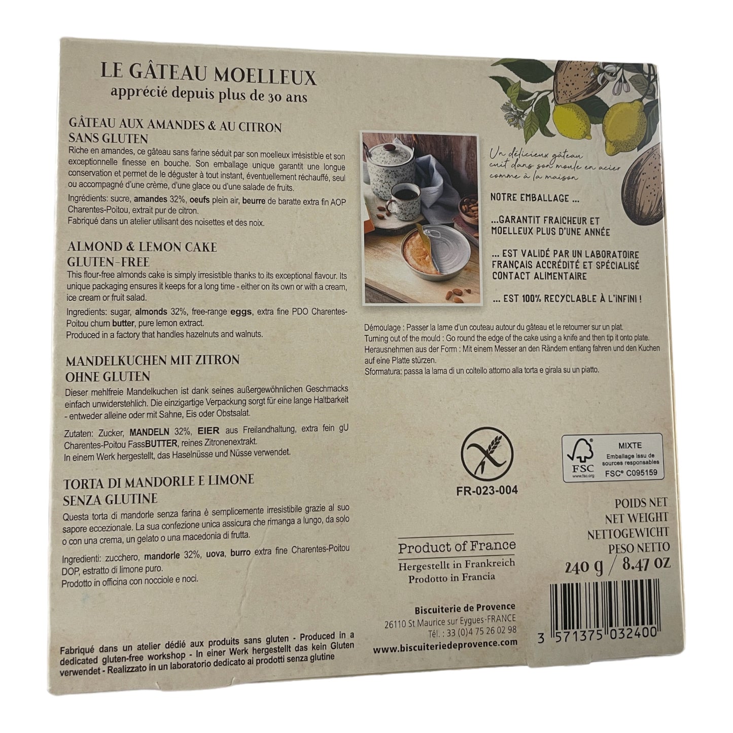 Biscuiterie de Provence Lemon Almond Cake, Gluten Free, 8.5 oz.