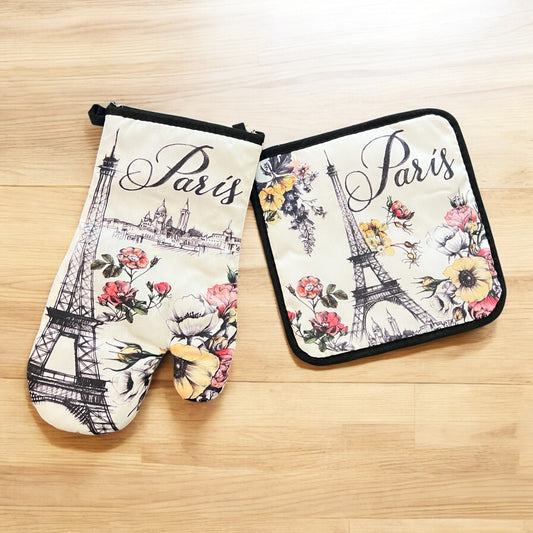 Paris Eiffel Tower Flowers Kitchen Mitt Set
