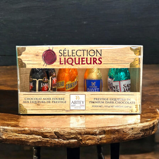 Abtey Selection Liqueurs Chocolate Bottles in Wood looking Crate