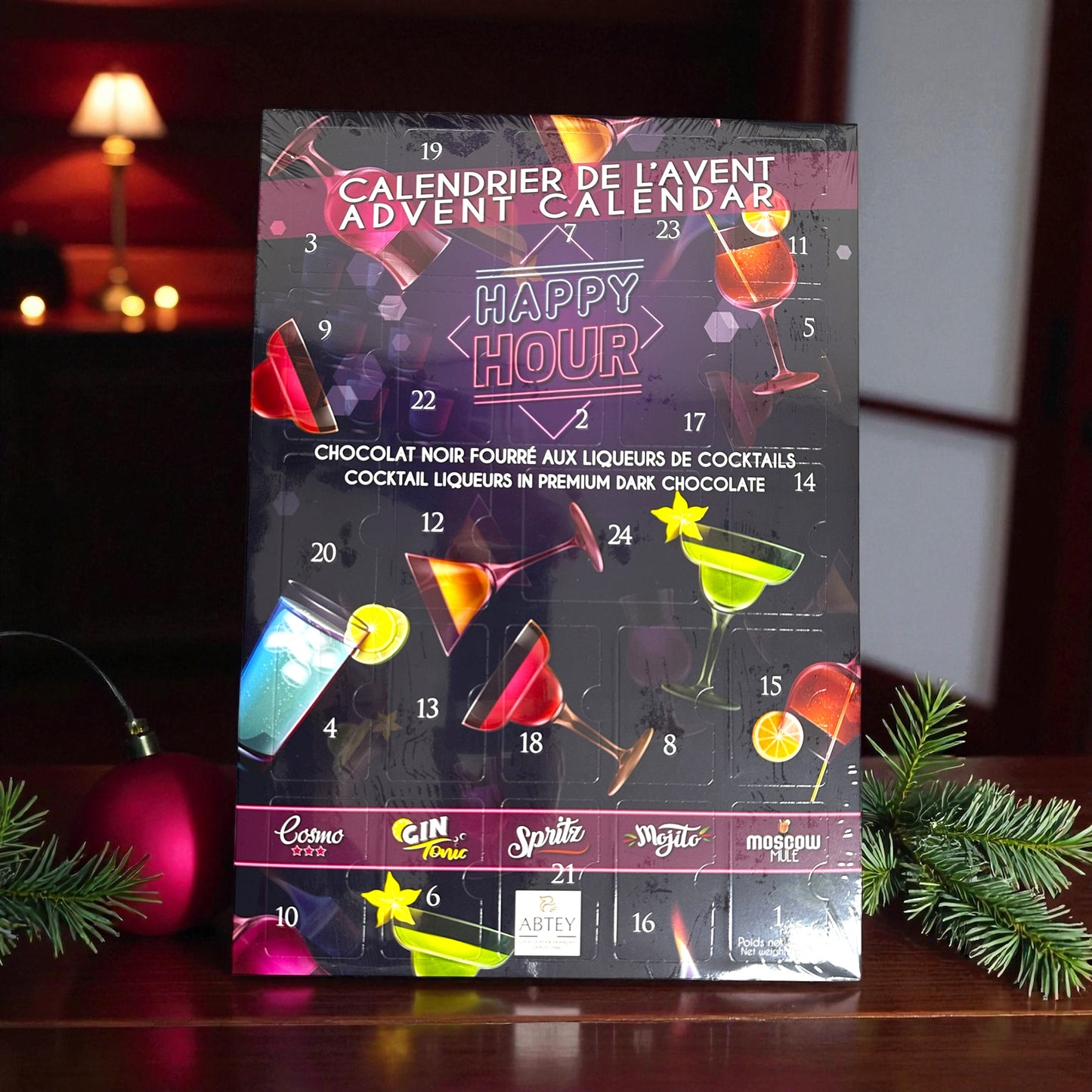 Abtey 2025 Advent Calendar, Happy Hour Dark Chocolate liqueurs, 275g (9.7 oz)